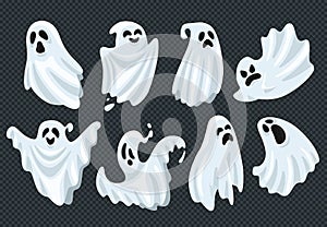 Spooky halloween ghost. Fly phantom spirit with scary face. Ghostly apparition in white fabric vector illustration set