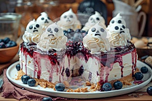 Spooky Halloween Ghost Themed Cheesecake Decorated with Whipped Cream and Blueberries on Festive Table