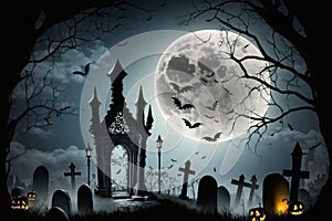 Spooky Halloween graveyard with bats and full moon