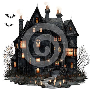 Spooky Halloween Haunted House with Bats and Candles photo