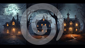 Spooky Halloween Haunted House Scene with Creepy Forest, Pumpkins, Witches, and Ghosts