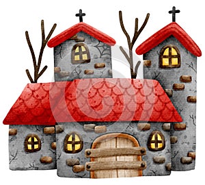 Spooky halloween haunted house watercolor style in transparent background