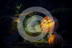 Spooky Halloween Jack-O-Lantern, Caldron at Night