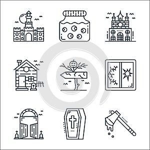 spooky halloween line icons. linear set. quality vector line set such as axe, coffin, gate, broken window, guidepost, haunted