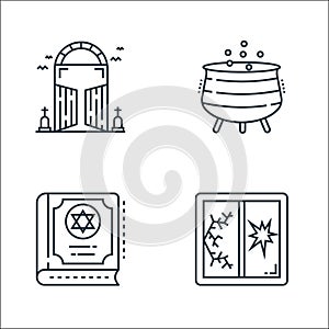 spooky halloween line icons. linear set. quality vector line set such as broken window, magic book, cauldron