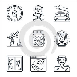 spooky halloween line icons. linear set. quality vector line set such as zombie, bat, broken window, lantern, eye jar, dead tree,