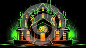 Spooky Halloween modern haunted house with pumpkins in colorful neon colors. Creepy halloween mansion. Abstract neon