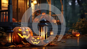 Spooky Halloween Night: Glowing Evil Jack-o-Lantern in a Creepy Wooden Lantern, Smiling with a Scary Face, on a Dark