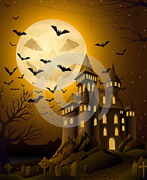 Spooky halloween night, with haunted castle