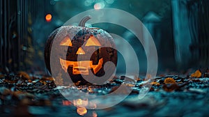 Spooky Halloween Night: Jack-o-Lantern on Table with Full Moon