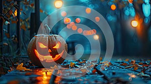 Spooky Halloween Night: Jack-o-Lantern on Table with Full Moon