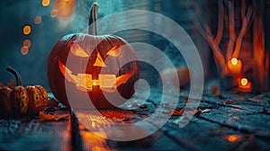 Spooky Halloween Night: Jack-o-Lantern on Table with Full Moon