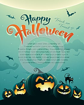 Spooky halloween night with pumpkins. Poster.