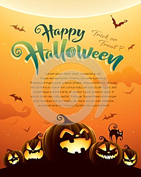 Spooky halloween night with pumpkins. Poster.