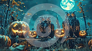 Spooky Halloween Night with Skeletons, Owl, and Wooden Banner under Moonlight - 3D Rendering and Real Shots Composition