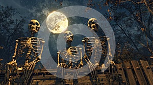 Spooky Halloween Night with Skeletons, Owl, and Wooden Banner under Moonlight - 3D Rendering and Real Shots Composition