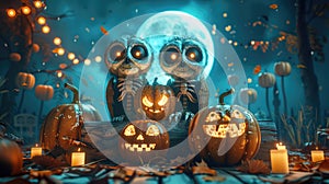 Spooky Halloween Night with Skeletons, Owl, and Wooden Banner under Moonlight - 3D Rendering and Real Shots Composition