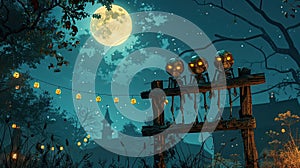 Spooky Halloween Night with Skeletons, Owl, and Wooden Banner under Moonlight - 3D Rendering and Real Shots Composition