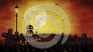 Spooky halloween night wasteland. Mystic pumpkins in moonlight. Apocalyptic halloween scenery. Loop animation.