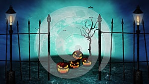 Spooky halloween night wasteland. Mystic pumpkins in moonlight. Apocalyptic halloween scenery. Loop animation.
