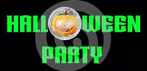 Halloween Party - A spooky Halloween Party banner with a scary vampire pumpkin with glowing eyes, in front of the moon