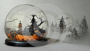 Spooky Halloween party in snow globe crystal ball for decoration on table background. Generative AI