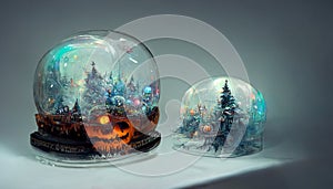 Spooky Halloween party in snow globe crystal ball for decoration on table background. Generative AI