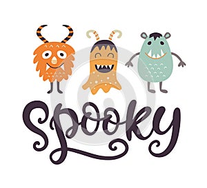Spooky Halloween Poster with Handwritten Ink Lettering and Cute Monster characters