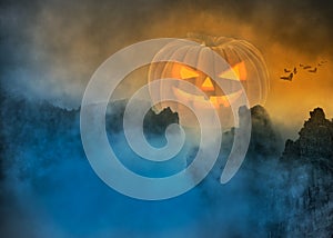 Spooky Halloween pumpkin in foggy mystical landscape