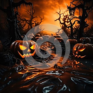spooky Halloween pumpkin glowing face haunted house