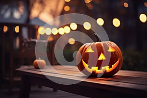 Spooky Halloween pumpkin glowing face, jack lantern on wooden background ai generated photo