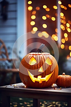 Spooky Halloween pumpkin glowing face, jack lantern on wooden background ai generated photo