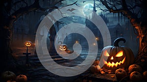Spooky halloween pumpkin jack o lantern with burning candles on dark background