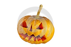 Spooky Halloween pumpkin jack-o-lantern isolated on white background