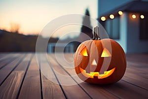 Spooky Halloween pumpkin glowing face, jack lantern on wooden background ai generated photo