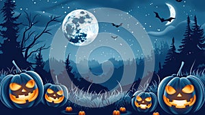 Spooky Halloween pumpkins illuminated in the night. Jack-o\'-lanterns against moonlit Halloween backdrop. Ai Generated