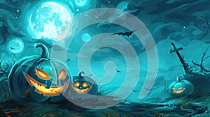 Spooky Halloween pumpkins illuminated in the night. Jack-o\'-lanterns against moonlit Halloween backdrop. Ai Generated