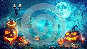 Spooky Halloween pumpkins illuminated in the night. Jack-o\'-lanterns against moonlit Halloween backdrop. Ai Generated