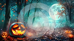 Spooky Halloween pumpkins illuminated in the night. Jack-o\'-lanterns against moonlit Halloween backdrop. Ai Generated