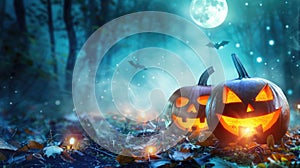 Spooky Halloween pumpkins illuminated in the night. Jack-o\'-lanterns against moonlit Halloween backdrop. Ai Generated