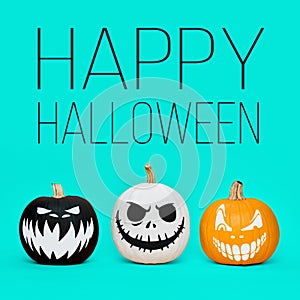 Spooky Halloween pumpkins with scary face expressions over pastel blue background. Halloween concept.