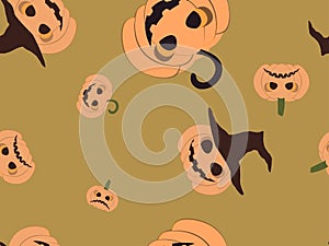 Spooky halloween pumpkins seamless pattern. Jack-o-lantern. Festive background for wrapping paper, print, fabric and printing.