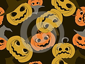 Spooky halloween pumpkins seamless pattern. Jack-o-lantern. Festive background for wrapping paper, print, fabric and printing.