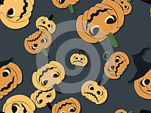 Spooky halloween pumpkins seamless pattern. Jack-o-lantern. Festive background for wrapping paper, print, fabric and printing.