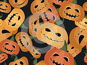 Spooky halloween pumpkins seamless pattern. Jack-o-lantern. Festive background for wrapping paper, print, fabric and printing.
