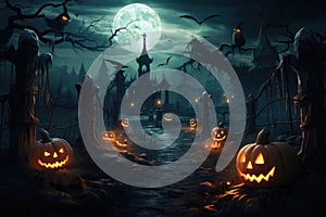 A spooky Halloween scene featuring pumpkins and a full moon, casting an eerie glow on the surroundings, Gloomy and scary