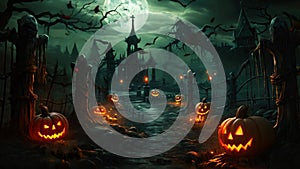 A spooky Halloween scene featuring pumpkins and a full moon, casting an eerie glow on the surroundings, Gloomy and scary