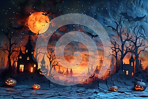 Spooky Halloween Scene with Haunted House and Glowing Jack-o-Lanterns