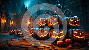 Spooky Halloween Scene with Intricately Carved Pumpkins in Front of Grand Church.Generative AI