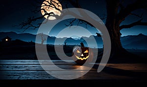 spooky halloween scene with jack-o-lantern on wooden table, tree silhouette, and full moon in dark blue and orange